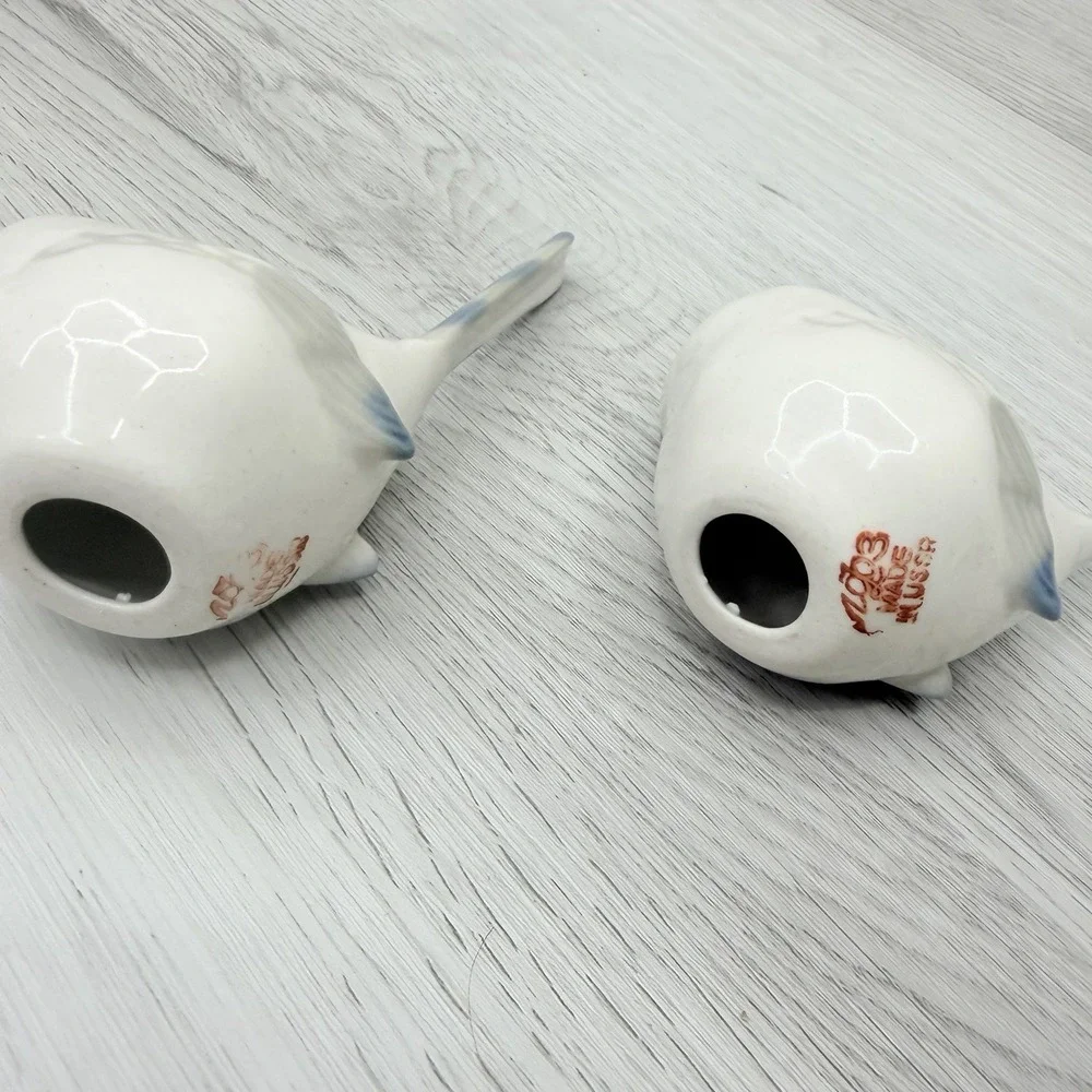 Porcelain Long Tail Bird Figurines Pair Soviet Era USSR White Blue VTG